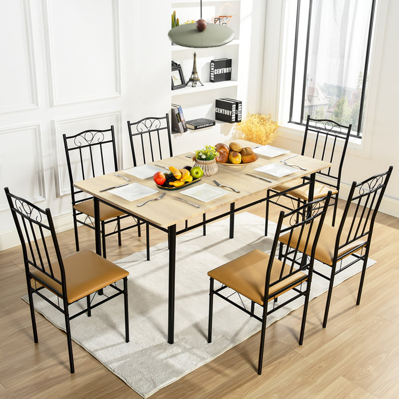 Ensemble de salle à manger 7 pièces avec table d'appoint en bois et chaises rembourrées, Chêne / chêne