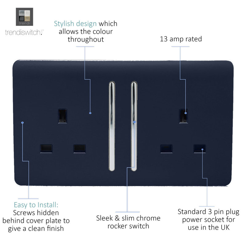 Trendi Switch 2 Gang Long Switched Plug Socket, Navy
