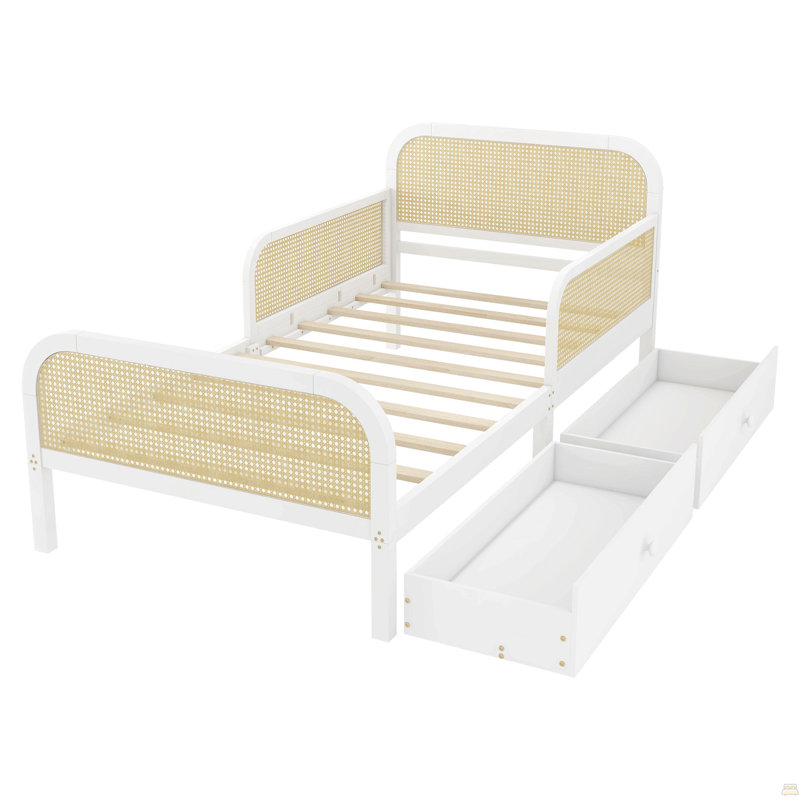 Structure de lit plateforme simple avec 2 tiroirs de rangement, lit en rotin pour enfants avec tête et pied de lit, blanc