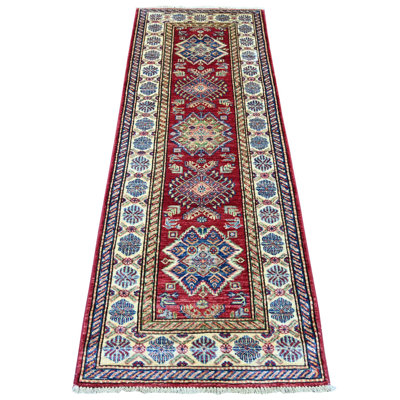 Tapis de couloir 2 pi 6 po x 6 pi 10 po rouge super Kazak afghan avec médaillons tribaux, noué à la main, teinture végétale, pure laine, tapis oriental