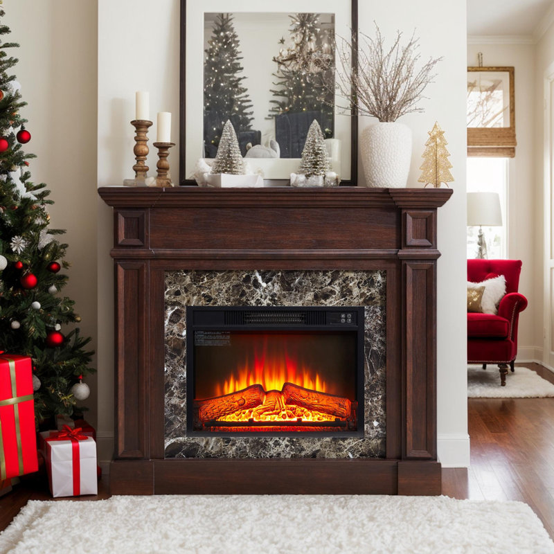  46" TV Stand Electric Fireplace with Mantel, Portable Freestanding Wood Stove with Remote Control, 23'' Electric Fireplace Insert Heater, 1400W Realistic 3D Flame Stacked Stone Surround