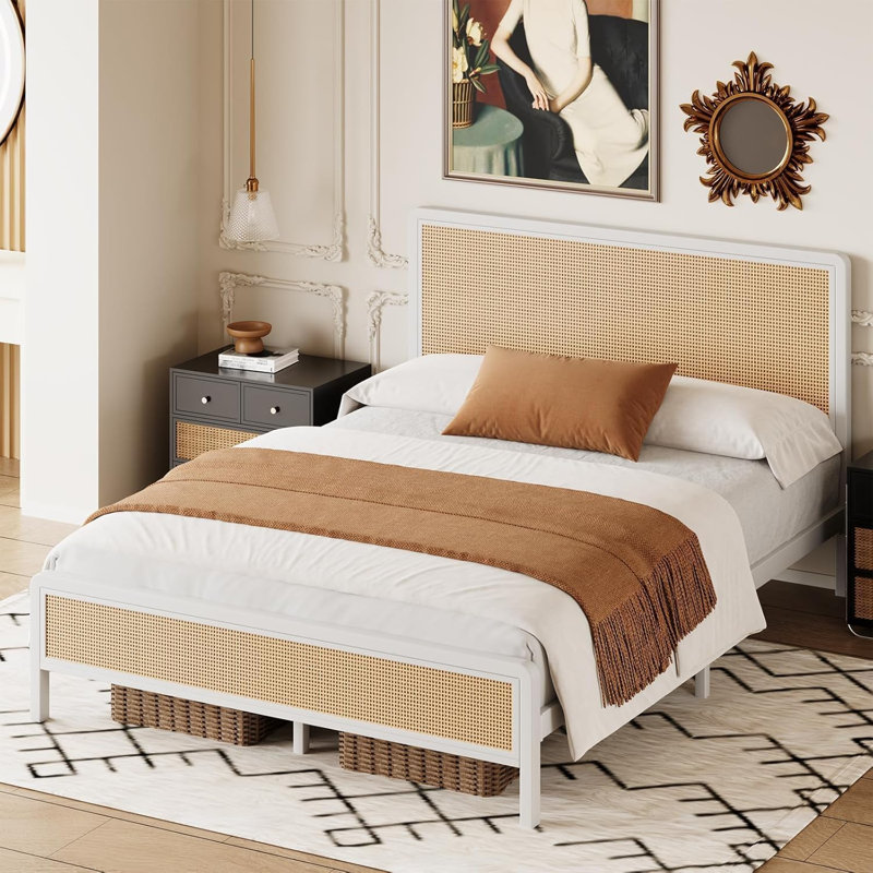 Metal Bed Frame with Rattan Headboard, Queen, White