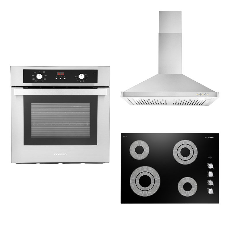 Cosmo 3 Piece Kitchen Appliance Package with 30'' Electric Cooktop Wall Mount Range Hood