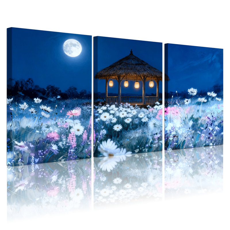Assortiment de bouquets de fleurs au clair de lune, champ de nuit, champ de nuit, ensemble de 3 impressions sur toile
