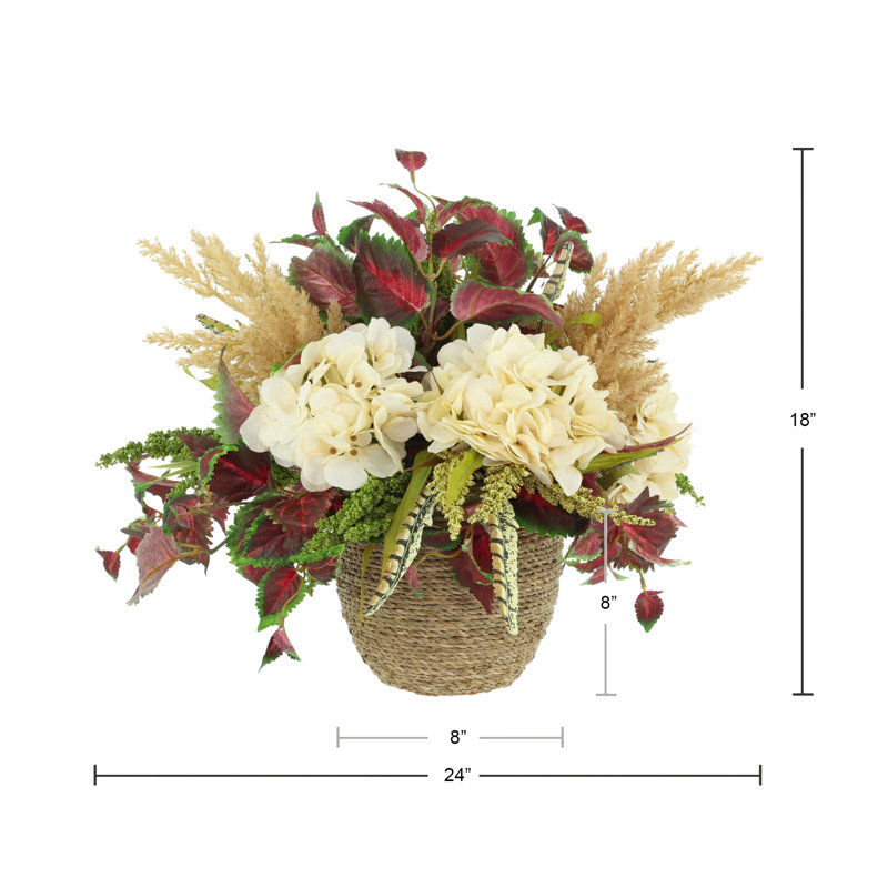 Fall Arrangement with Hydrangeas, Ivy and Pampas in Rope Pot