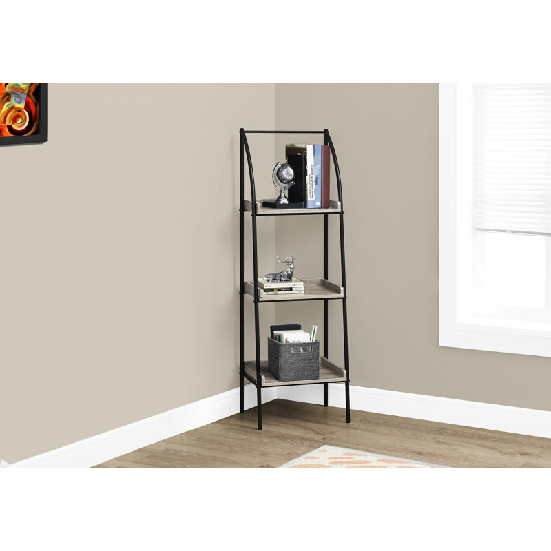 Contemporary 3 Tier Shelf 48"H, Brown Laminate, Black Metal, Displaying Plants Modern 48"H Bookcase In Dark Taupe, Metal Frame, Fits Apartment Decor