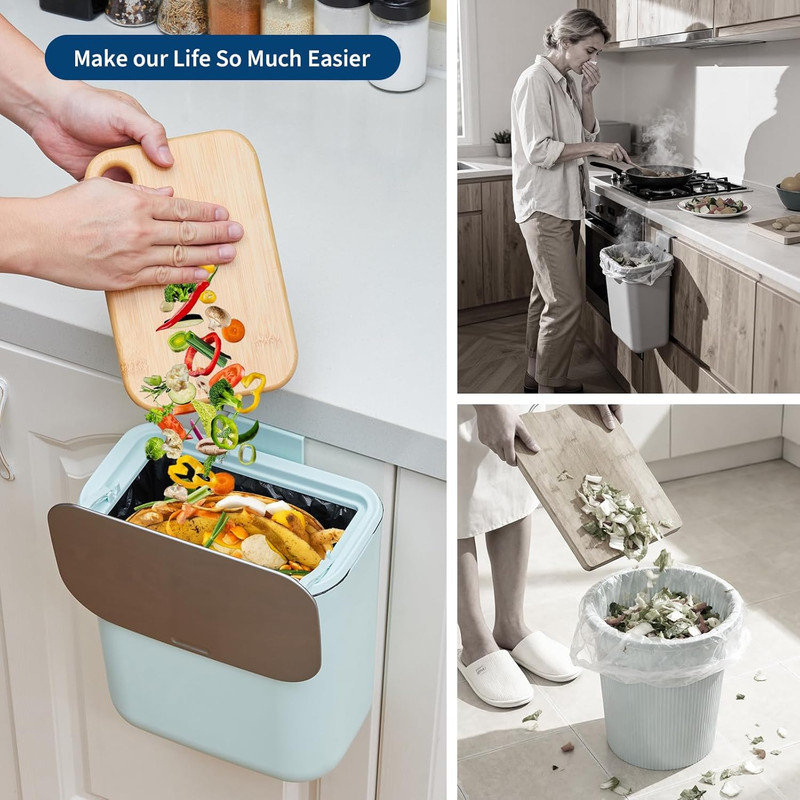 Poubelle de cuisine 1,8 / 2,4Gal avec couvercle en acier inoxydable, bac à compost sous l'évier pour montage sur porte d'armoire