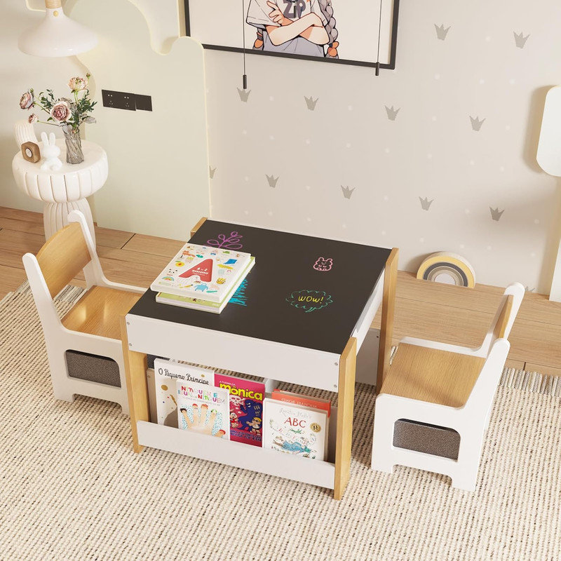 Ensemble de table en bois pour enfants et 2 chaises, table d'activités 4-en-1 avec tiroirs de rangement et plateau amovible
