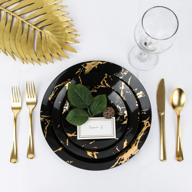 Ecoquality Tableware Disposable Plastic Plates Dinner Party Stroke Collection Set For 30 Guests, Black/Gold