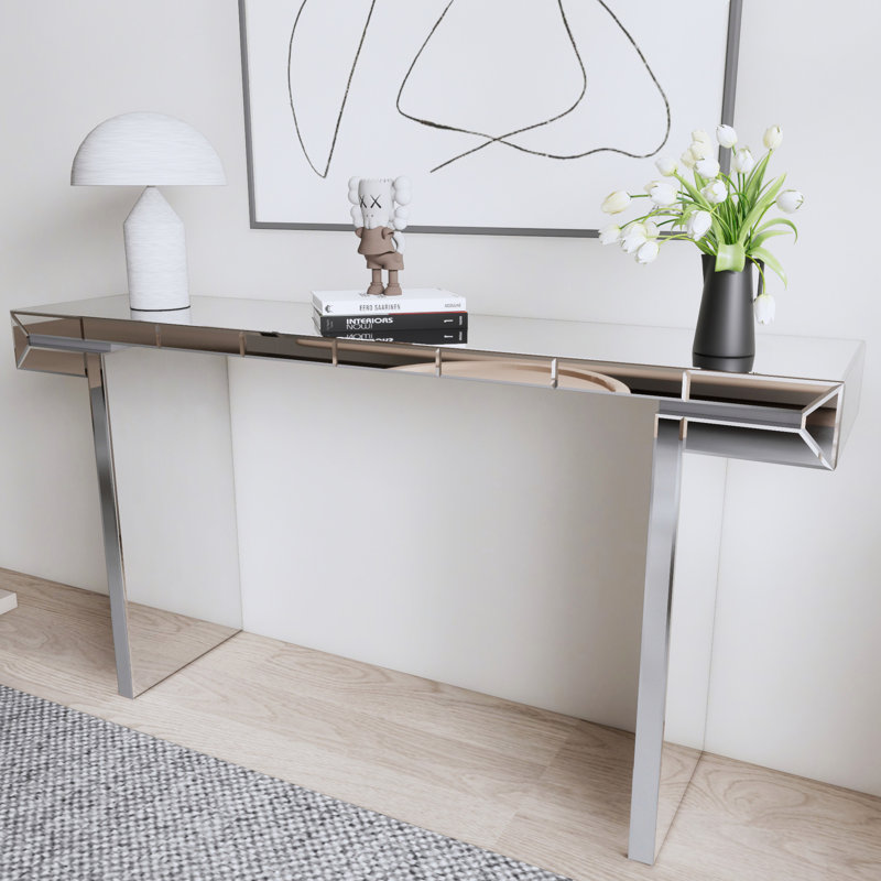 Console à miroir pleine grandeur de 60 pouces avec verre trempé cannelé, table de canapé d'entrée en miroir, style luxueux léger, résistant aux égratignures