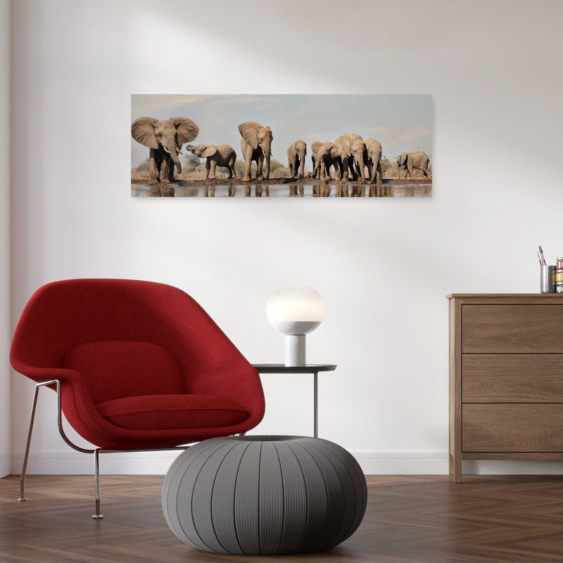 Elephants At The Watering Hole by Linda D Lester - Wrapped Canvas Panoramic Print, 91.44 cm H x 30.48 cm W