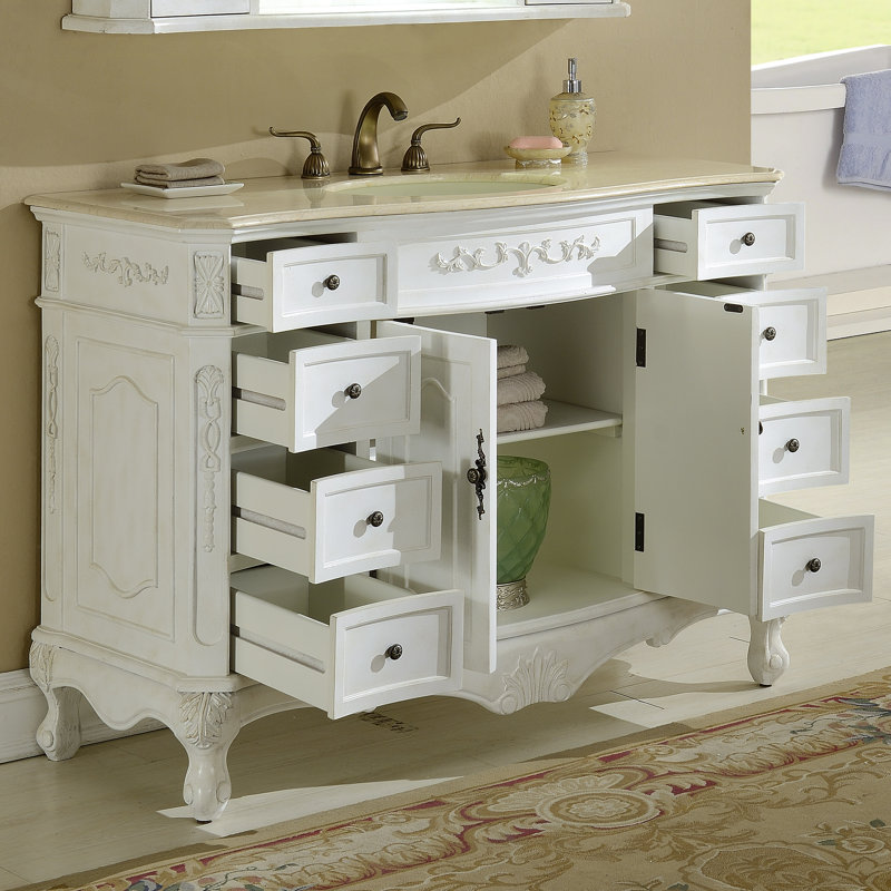 48'' Single Bathroom Vanity with Marble Top, Antique White, White