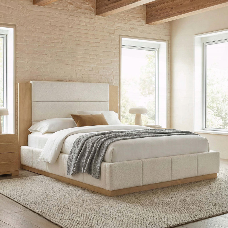 Grand lit plateforme tapissier avec tête de lit en bois allongée et base en bois, Grand lit, Blanc