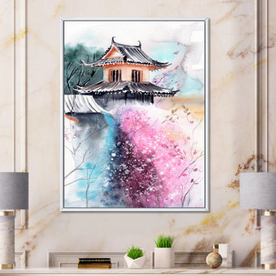 Fleurs de cerisier avec temple japonais - peinture sur toile