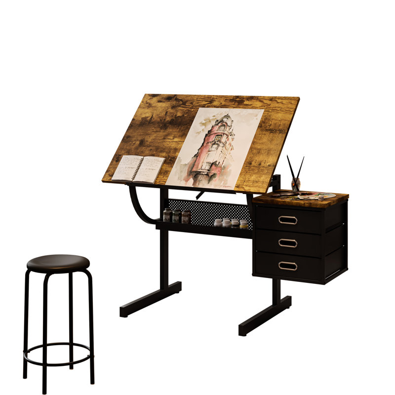 Table à dessin réglable noire avec tabouret et matériel de bureau, tiroirs et tiroirs en métal pour le travail de peinture