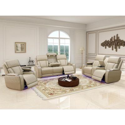 Kruze Top Grade Breathing Leather 3-Piece Living Room Power Recliner Sofa Set by Latitude Run