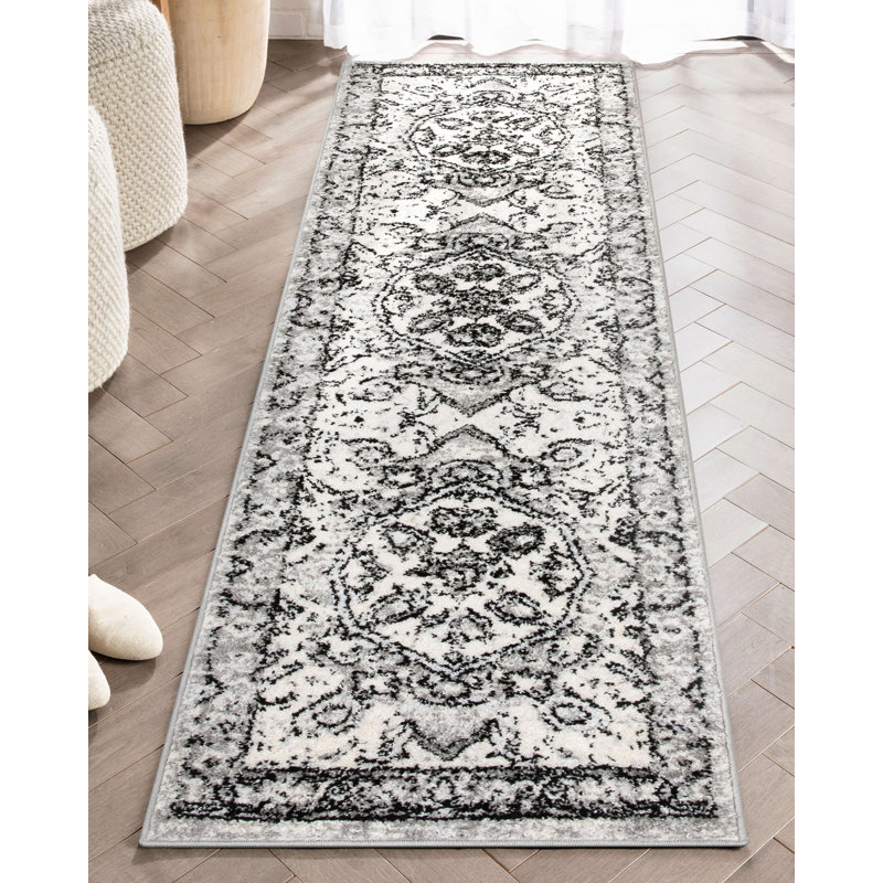 Espitia Arctic Bloom Medallion Oriental Ivory Gray Area Rug, Runner 2' x 7'3"