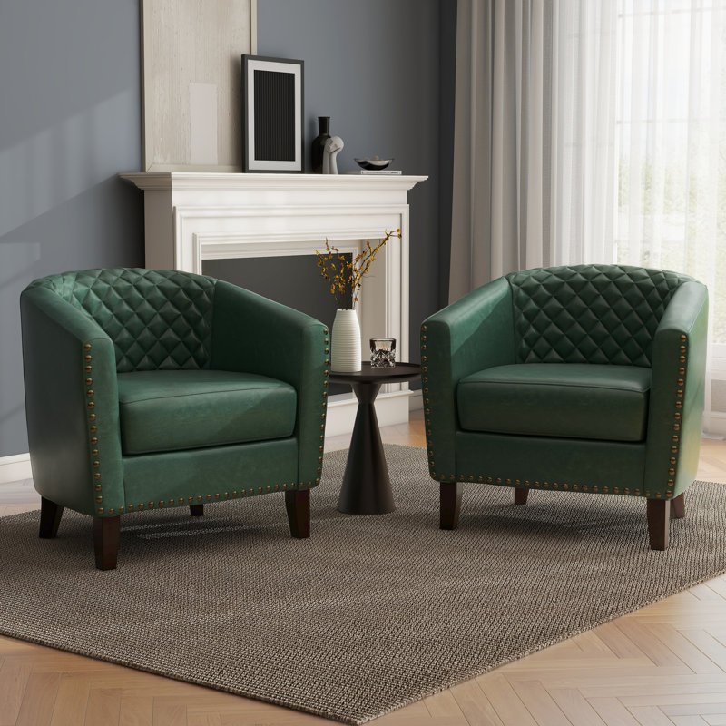 Edvardas Upholstered 29.11 Wide Green Faux Leather Tufted Barrel Club Chair with Nailhead Trim, Green Faux Leather