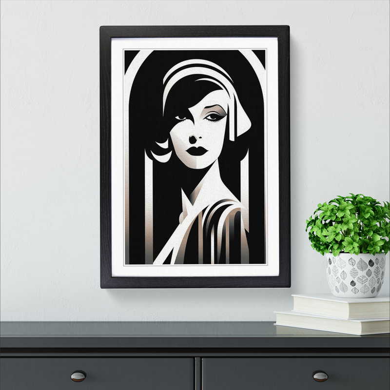 Art Deco Woman Line - Single Picture Frame Print on Wood, 46cm H x 34cm W x 2cm D, Black Framed