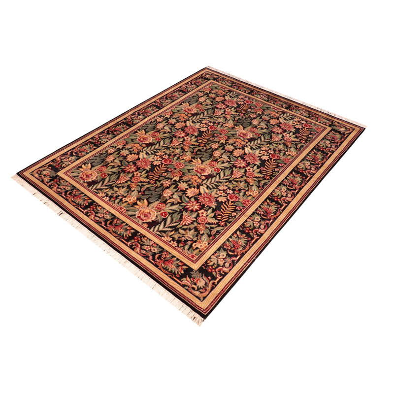 Tapis rouge / vert / brun en laine noué à la main 6 pi 2 po x 9 pi 5 po Overbeck