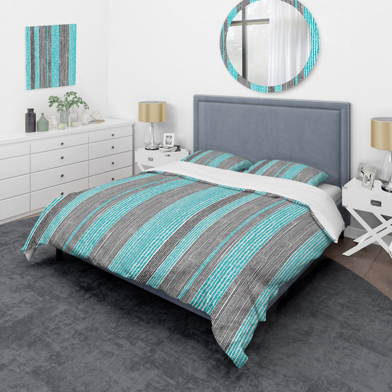 Turquoise rayé - ensemble de housse de couette abstrait - microfibre de polyester