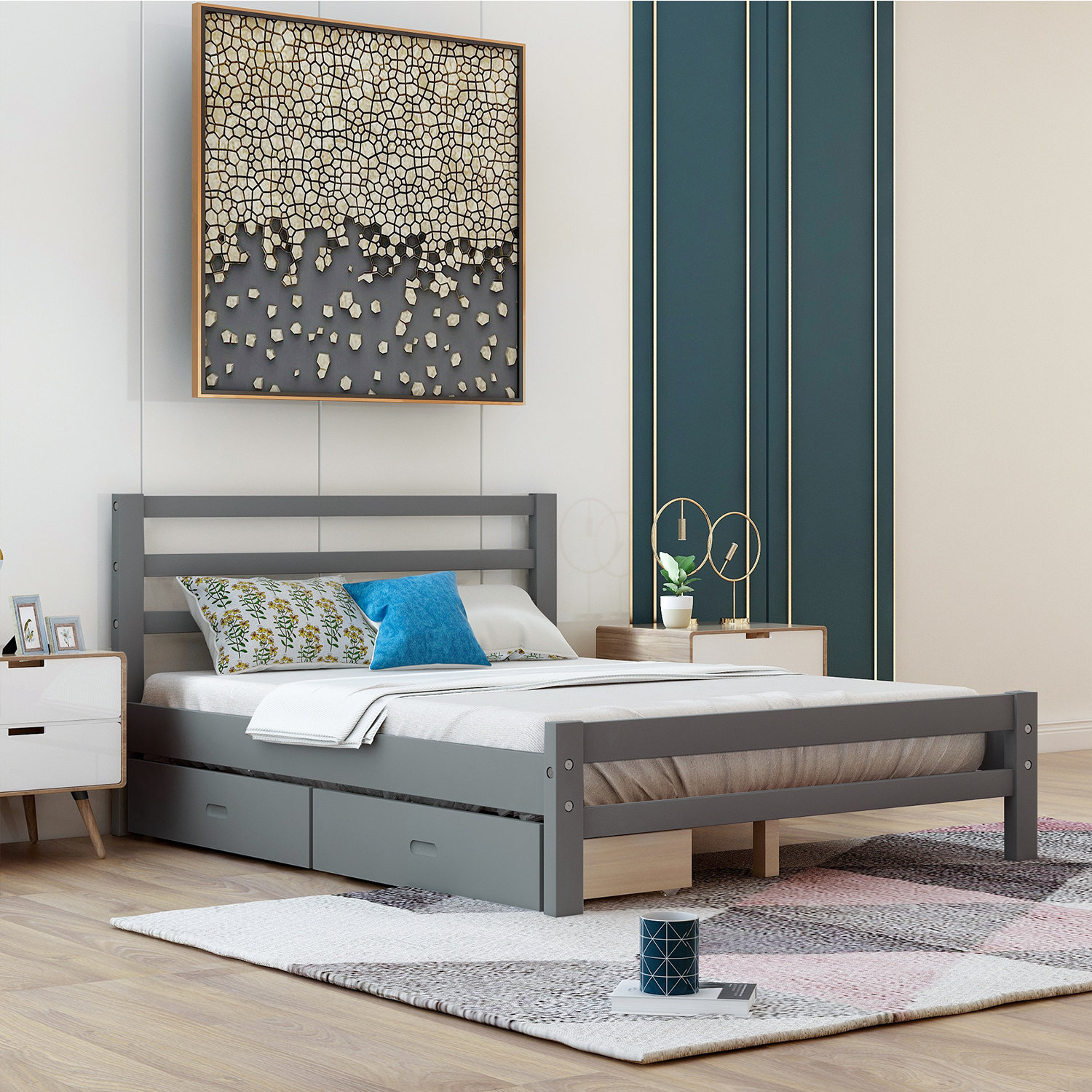 4-Pieces Queen Upholstered Platform Bed Frame Sets with Two Nightstands and  Storage Bench, Wooden Slats Support Mattress Foundation, No Box Spring