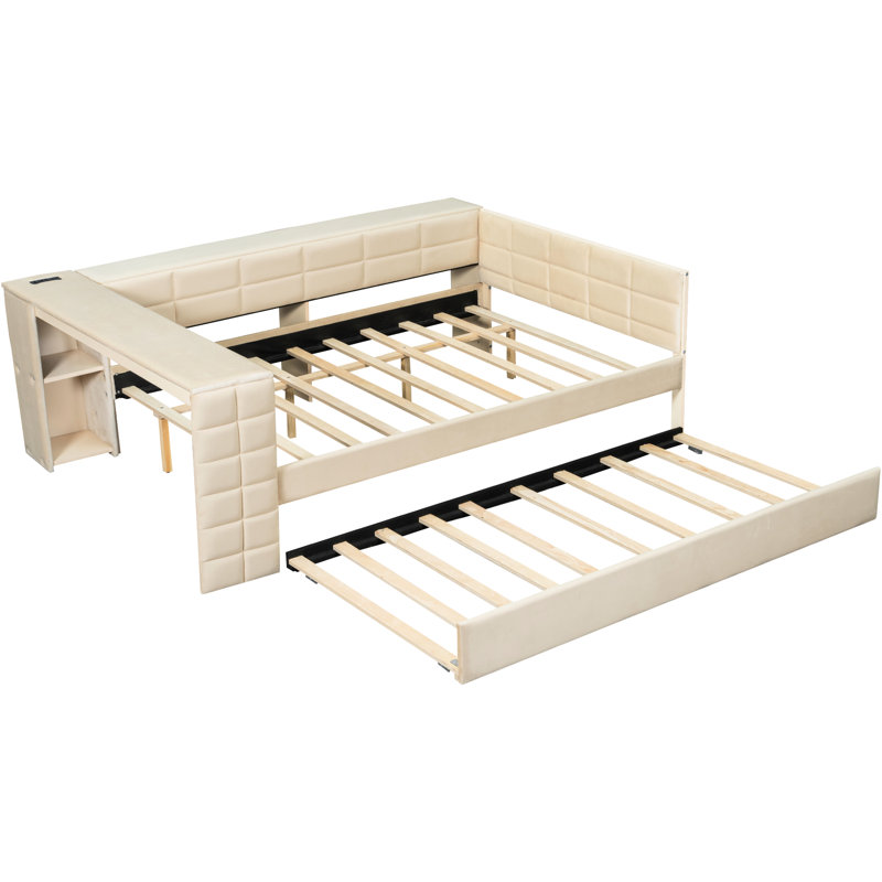 Beige Full Size Upholstered Bed With Built - In Storage Shelves And Charging Station, Trundle For Friends Platform Shelves, Desk, Station Twin Trundle, Comfortable Velvet Upholstery, Ample Storage,