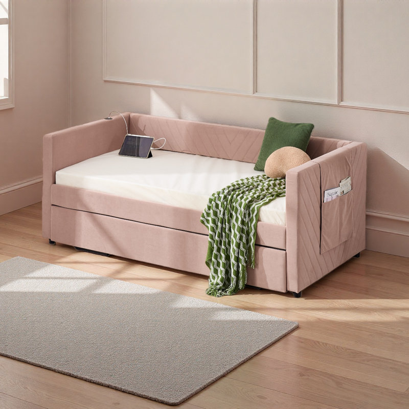 Twin Size Upholstered Daybed With Trundle,USB Port ,Side Pockets, Modern V-Grained Backrest Design,No Box Spring Needed, For Bedroom, Guest Room