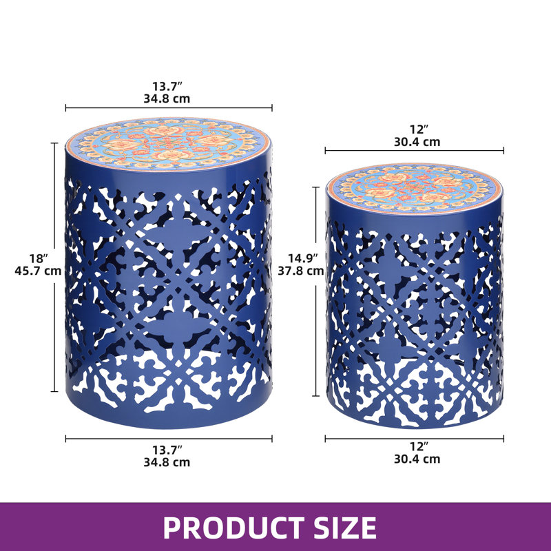 Ensemble de 2 tables d'appoint en métal 18 po avec découpes à volutes, tabouret de jardin industriel, mosaïque bleu cobalt
