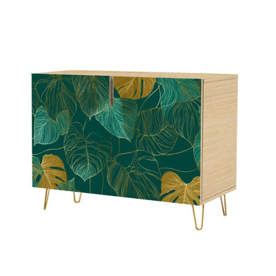 Buffet Buffet avec rangement Luxe or nature vert Floral doré feuille fendue Philodendron plante avec 2 portes pour le salon et la cuisine