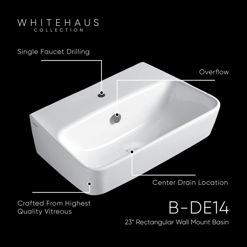 Whitehaus 23" Rectangular Wall Mount Basin With Single Faucet Drilling and Overflow