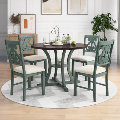 Table de salle à manger 5 pièces et 4 chaises en tissu avec pieds de table et tablette de rangement