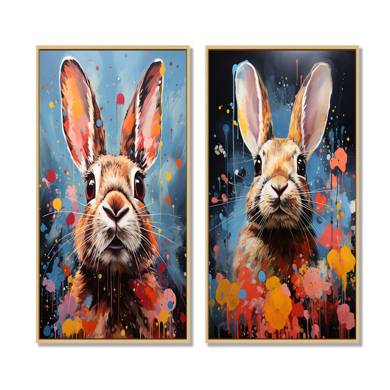 Pop Art Portrayal Of A Rabbit Hues - Rabbit Canvas Prints Set Of 2, 32" H x 33" W, Brown Floater Framed