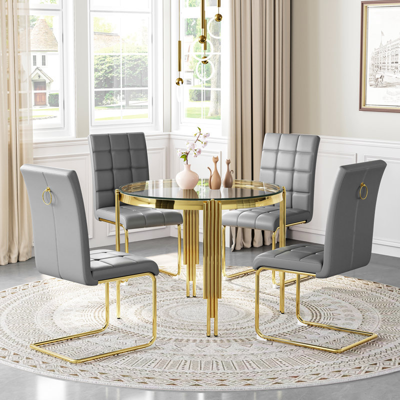 5-Piece Round Glass Dining Set, 37" Tempered Glass Table With 4 High Back PU Leather Chairs, Clear/Gold, Gray/Gold