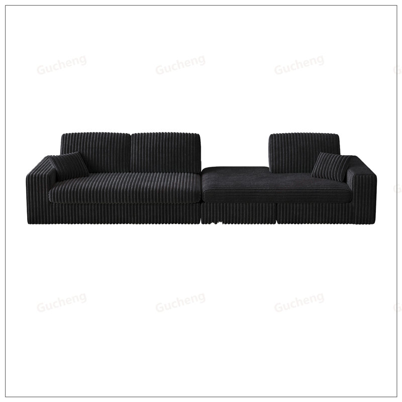 Canapé modulaire moderne en mousse de velours côtelé avec inclinable et configuration en L, soutien du cou et coussins décoratifs pour un confort et une polyvalence ultimes.