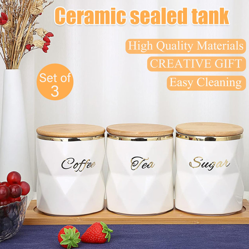 White Ceramic Honeycomb Canister Set with Bamboo Lids, 3 Piece