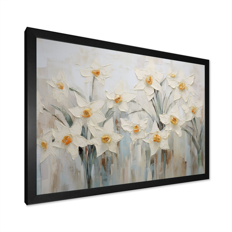 Minimalisme - jonquilles blanches II - impression, Cadre simple noir, H 16 po x l 32 po x P 1 po