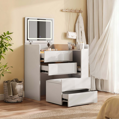 Bureau de coiffeuse à miroir 3 en 1 avec lumières et rangement, coiffeuse à maquillage avec DEL réglable, plateau coulissant latéral et tabouret, meuble peu encombrant pour la chambre à coucher (blanc)