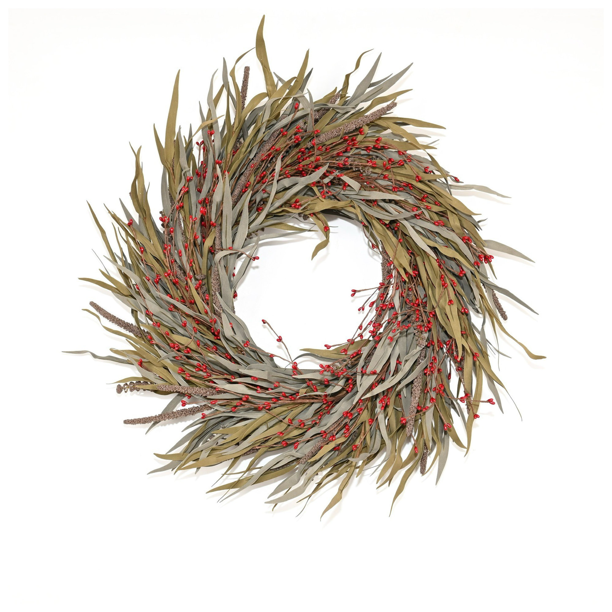 24" Artificial Farmhouse Harvest Thanksgiving Day Blossoms Cluster Grass Berry Fall Wreath For Front Door, Red