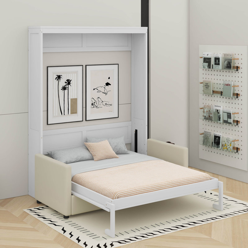 Lit escamotable double avec coussin, Blanc