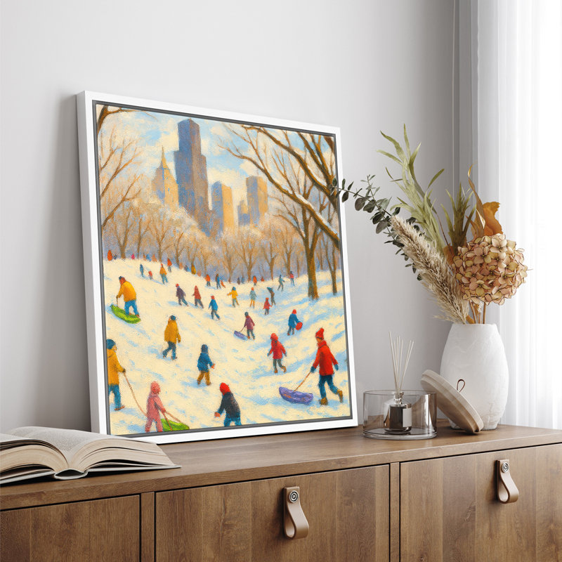 «Winter City Park Sledding Scene Wall Decor», reproduction d'art sur toile encadrée, H 24 po x l 24 po x P 1,5 po