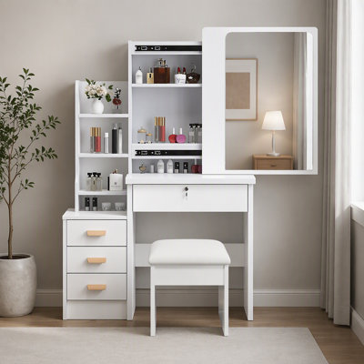 Coiffeuse élégante avec miroir DEL réglable et grand espace de rangement, idéale pour le maquillage et l'organisation
