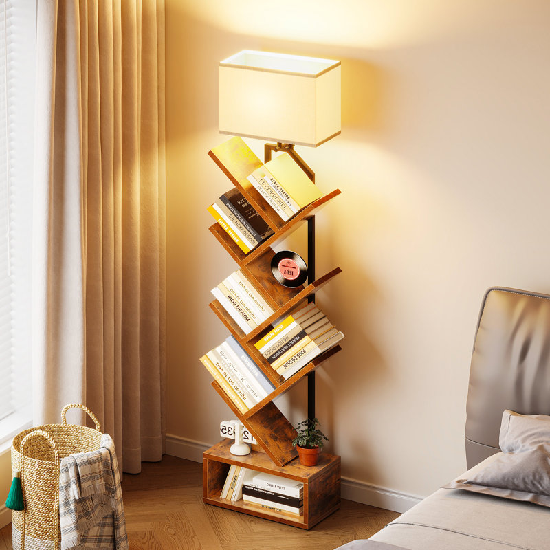  Built-in Adjustable Lamp With Tree Bookshelf, Floor Lamp With Spacious Storage Space, Utility Book Organizer Shelves With Stable Structure
