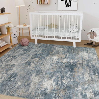 10X12 Washable Abstract Area Rug Non-Slip Soft Stain Resistant Blue Brown Carpet For Living Room Bedroom