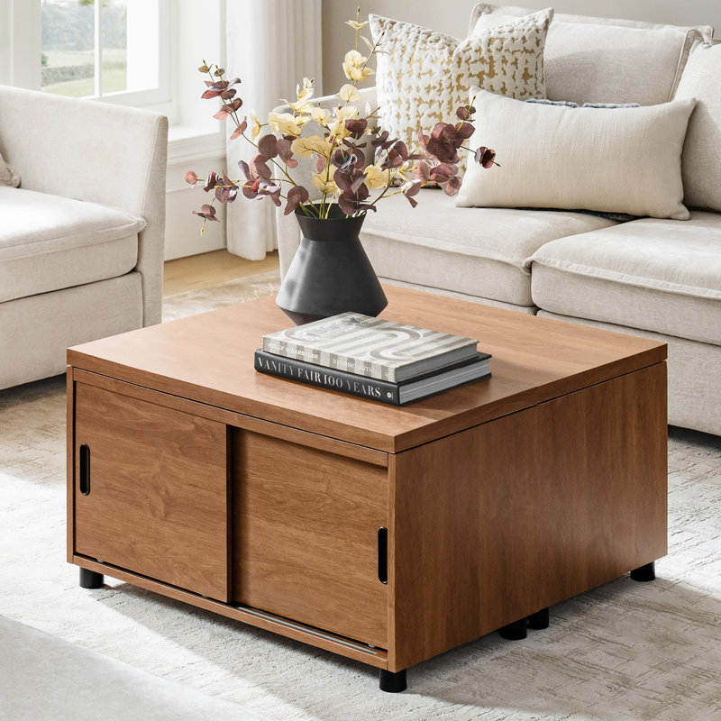 Lucrecia 34"W Modern Sliding Tambour Door Coffee Table With Drawer Storage, Acorn