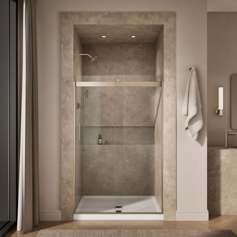 Porte de douche à dérivation 47,58 po x 74 po Levity avec technologie CleanCoat, Cristal transparent, Bronze brossé anodisé