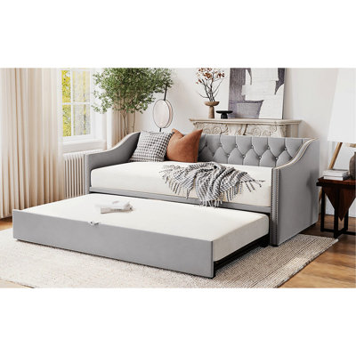 Lit de jour simple avec revêtement en velours gris et lit gigogne durable pour espaces