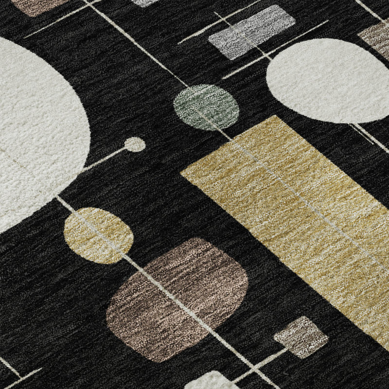Premium Machine Washable Mayfield AMF2393 Geometric Rug, 5' x 7'6", Black