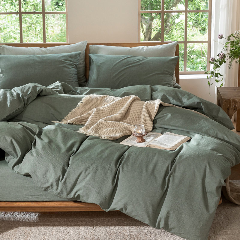 MooMee Lightweight Duvet Cover Set with Zipper Closure 8 Ties 100% Washed Cotton Linen Like Textured Soft Breathable All-Season