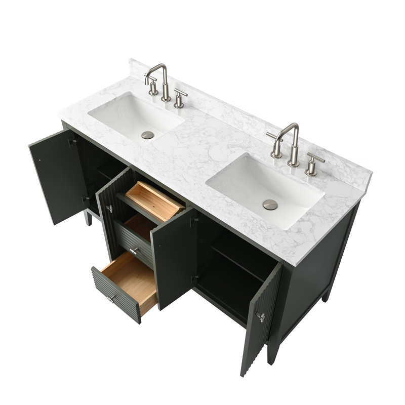 Laval 60" Double Sink Freestanding Bathroom Vanity with Engineered Marble Top, Brushed Nickel, Linear Vintage Green